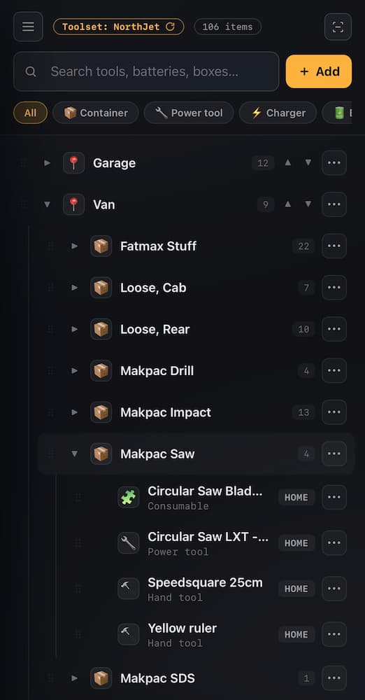 Tool Tracker app showing a tradesman's tools organised by van and location