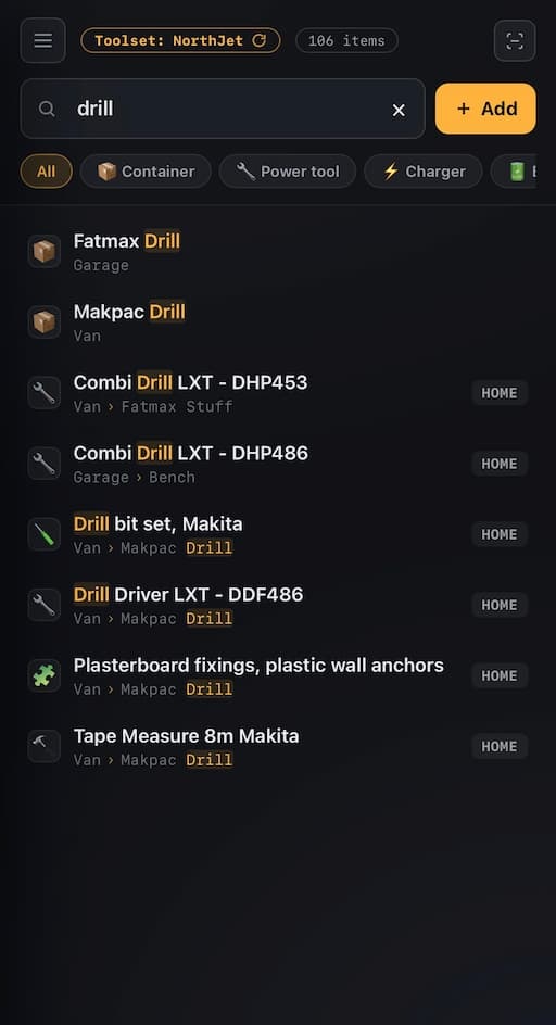 Searching for a tool in the app