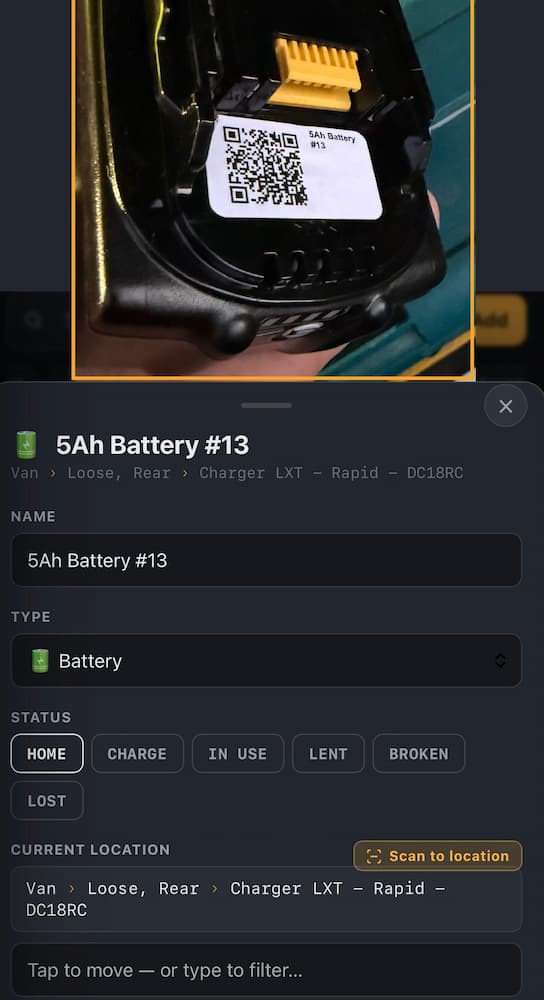 Scanning a QR code on a tool
